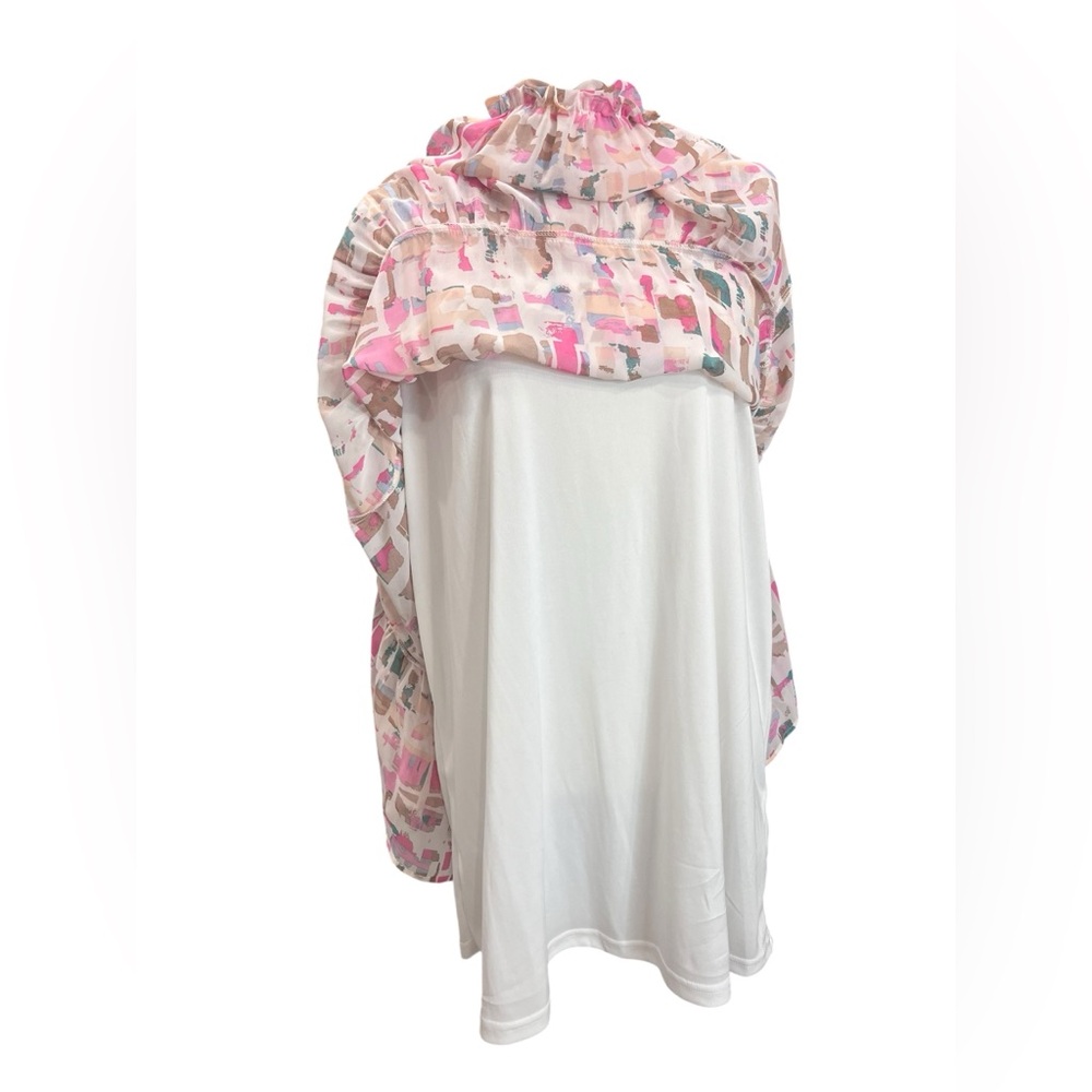 Entro Pink Abstract Print Smocked Tiered Ruffle Long Sleeve Mini Dress Medium - Picture 7 of 11